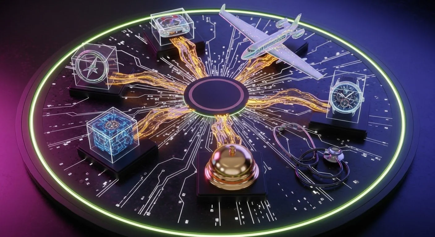 A futuristic display with various luxury watches, a model airplane, a compass, and a stethoscope, all connected by glowing lines on a circular digital interface.