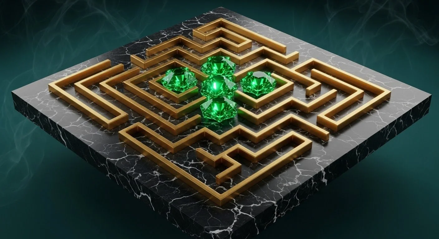 A maze with gold walls on a dark marble platform, with four glowing green gemstones in the center.