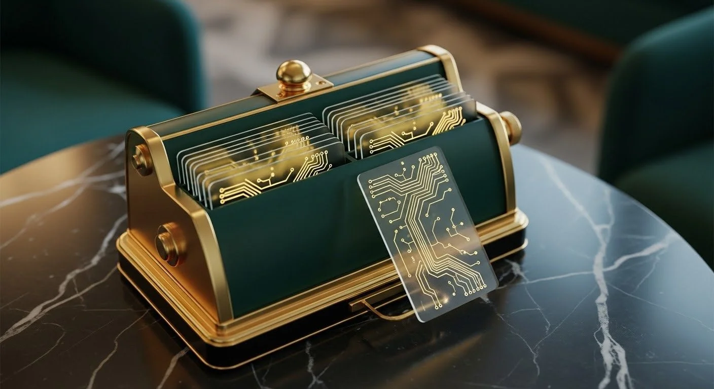 A futuristic device resembling a card sorter with circuit patterns, sitting on a black marble table.
