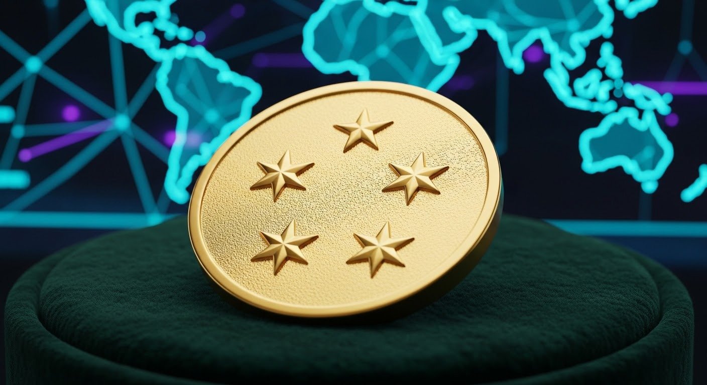 A large gold coin with five stars embossed on it, resting on a dark green cushion. In the background, a blue digital map of the world with interconnected lines is visible.
