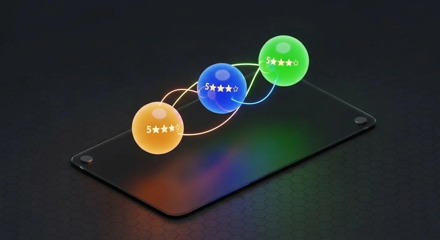 Three colorful spheres with five-star rating icons floating above a smartphone screen, connected by glowing lines.