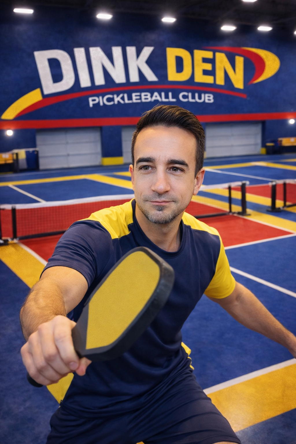 A man holding a pickleball paddle in a gym at Dink Den Pickleball Club.