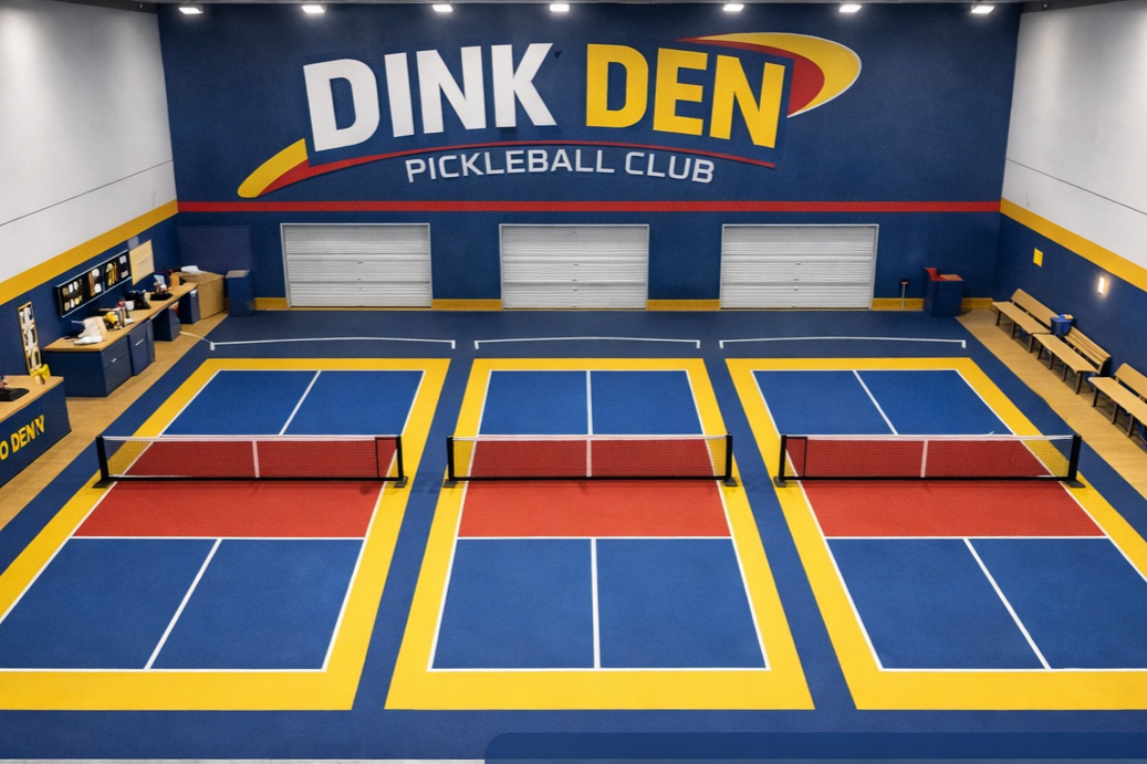 Indoor pickleball court with three courts, each with netting and blue, red, and yellow markings, inside Dink Den Pickleball Club.