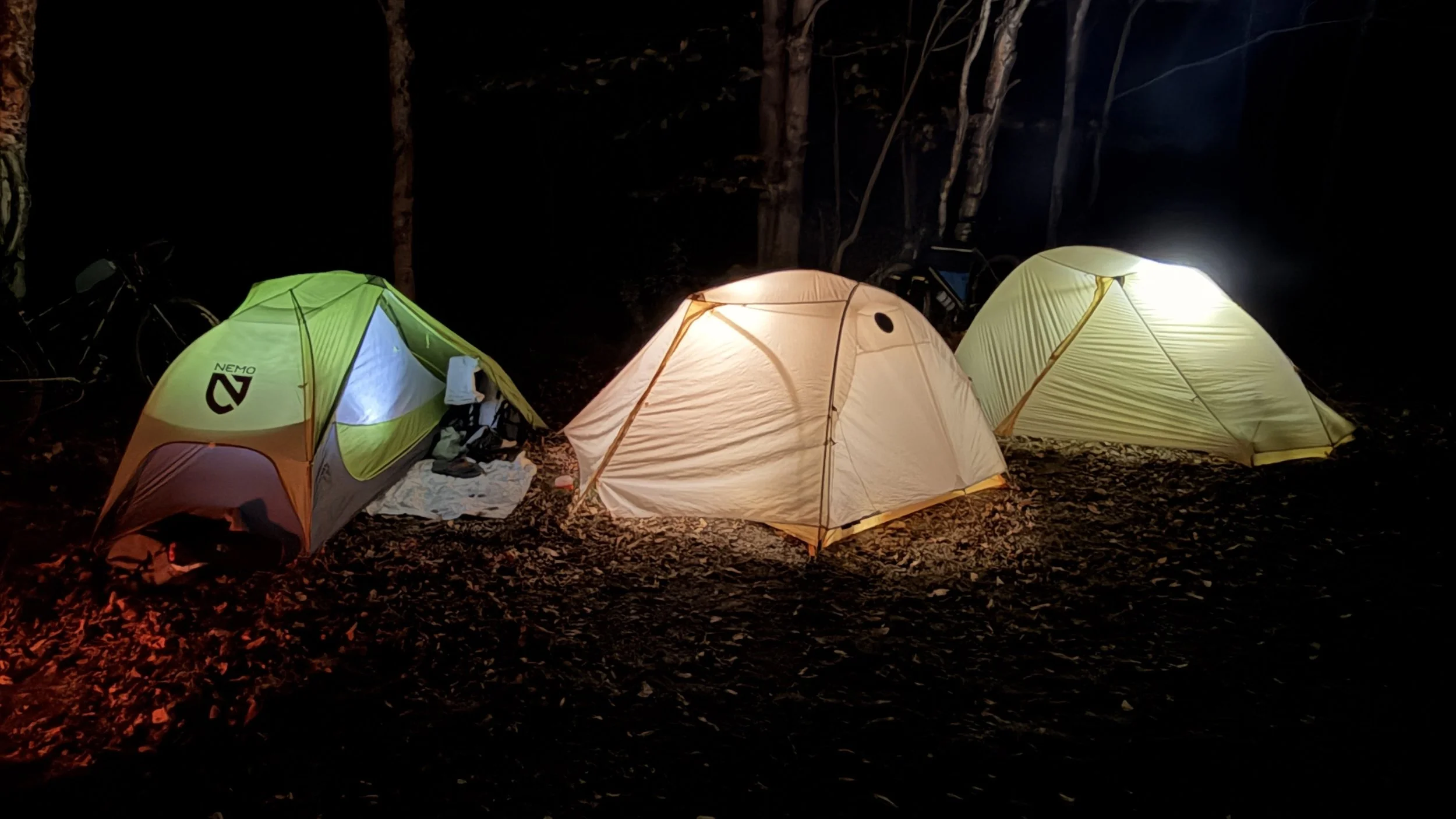 Three illuminated camping tents set up in a dark forest at night, with leaves on the ground and trees in the background.