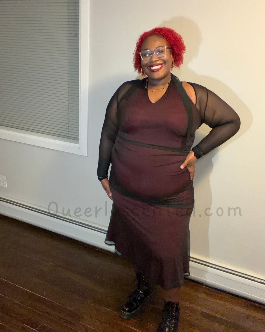 Red halter dress with mesh long sleeve and Doc Marteen boots OOTD & SOTD collection
Click the photo to seen and shop  the full outfit details 