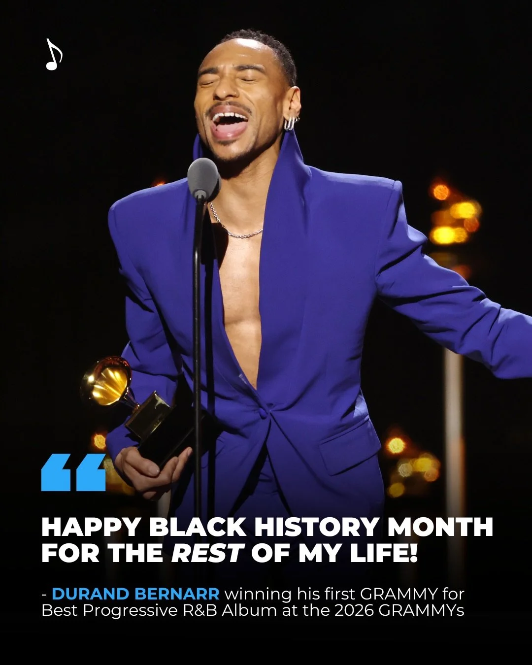 Image is of Durand Bernarr making their award speech at the 2026 Grammys