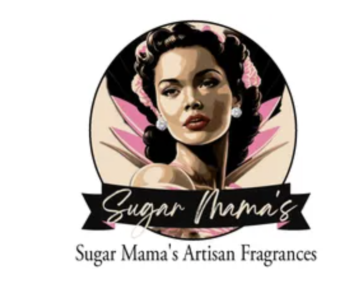 Logo with a powerful black woman looking in the distance and a banner that says Sugar Mama Fragrances