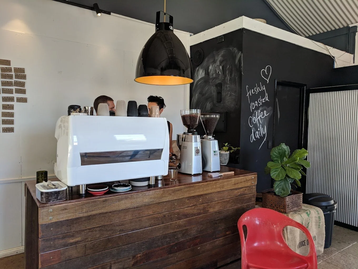Inside a coffee shop with a wooden counter and two baristas preparing drinks. There are two coffee grinders, a white espresso machine, and various cups on the counter. A chalkboard on the wall reads 'freshly roasted coffee daily' with a heart drawing