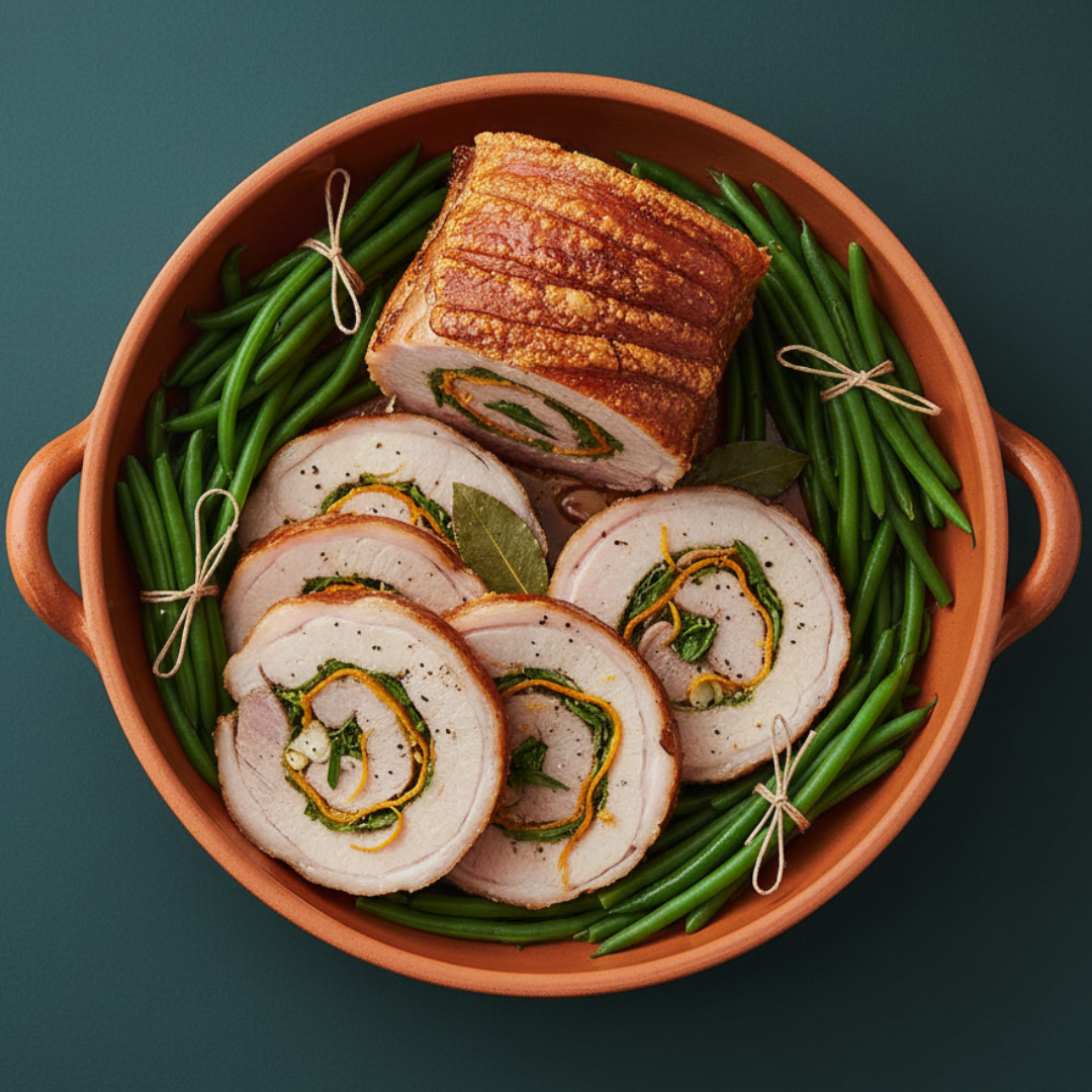 Roasted Pork stuffed with Orange, Garlic, Bay Leaf and Tarragon