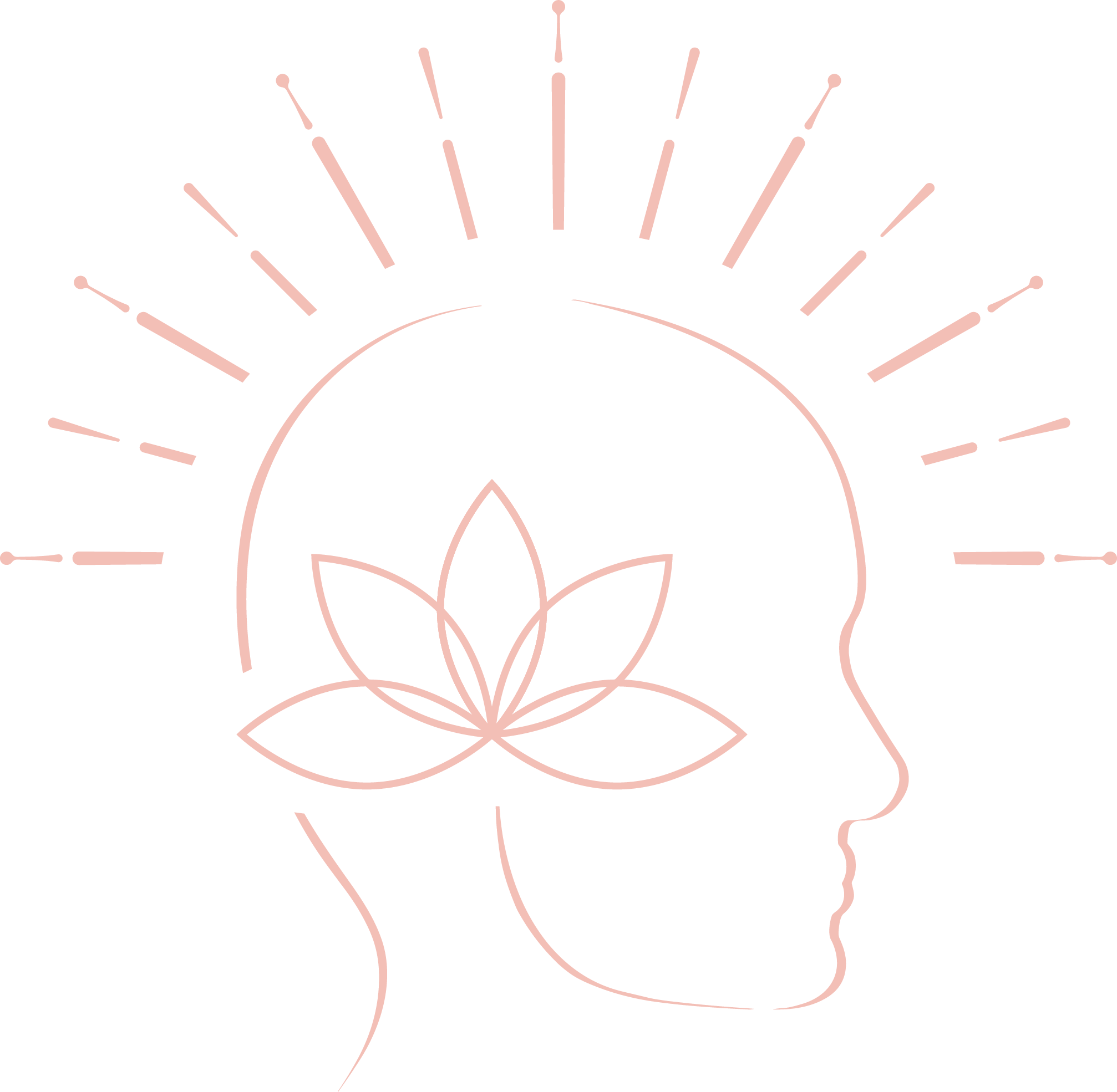 Line drawing of a human head in profile with a lotus flower inside the head and radiating lines around the top, symbolizing mindfulness or mental wellness.