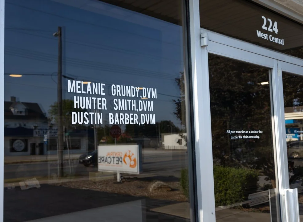 Store window with pet care provider names and titles, located at 224 West Central, with a sign for PetCare visible through the reflection.