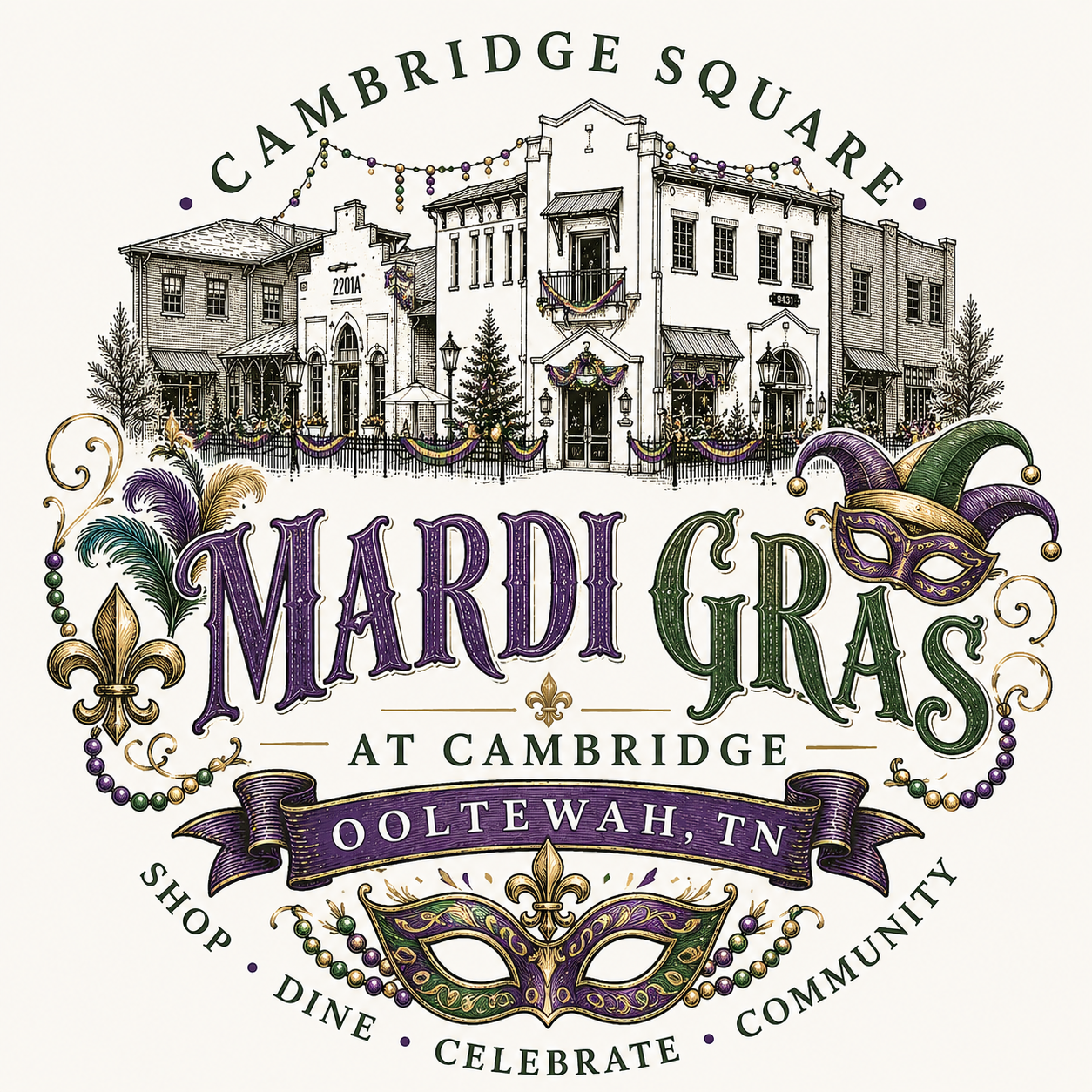 Coming Soon graphic for Mardi Gras at the Square at Cambridge Square on February 6, 2027.