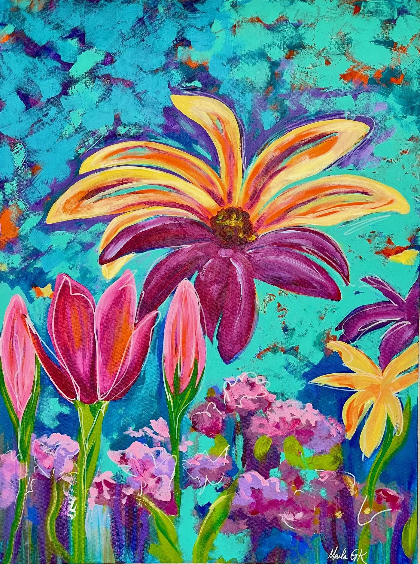 Bright, colorful painting of various flowers, including a large yellow and purple lily, pink tulips, and a yellow lily, set against a vibrant blue background.