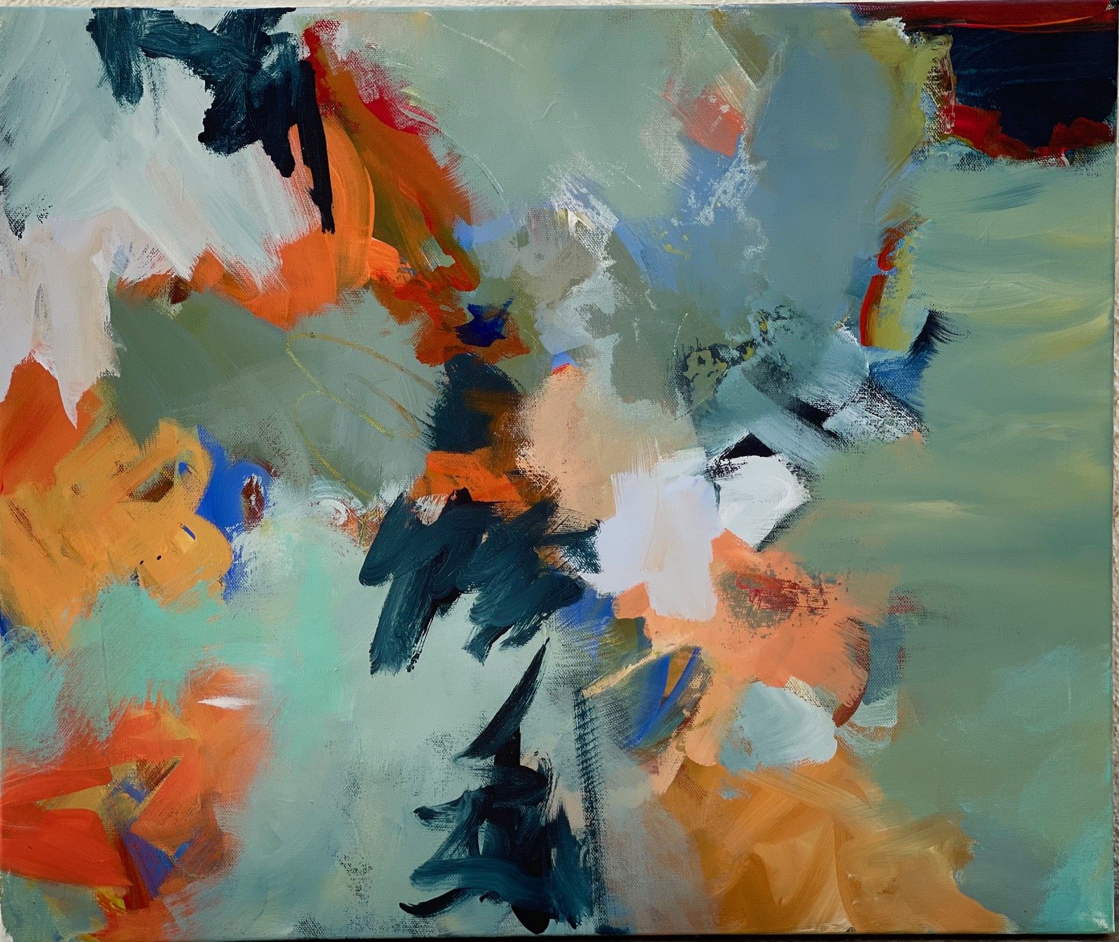Abstract painting with bold brushstrokes in shades of green, orange, blue, black, white, and red.