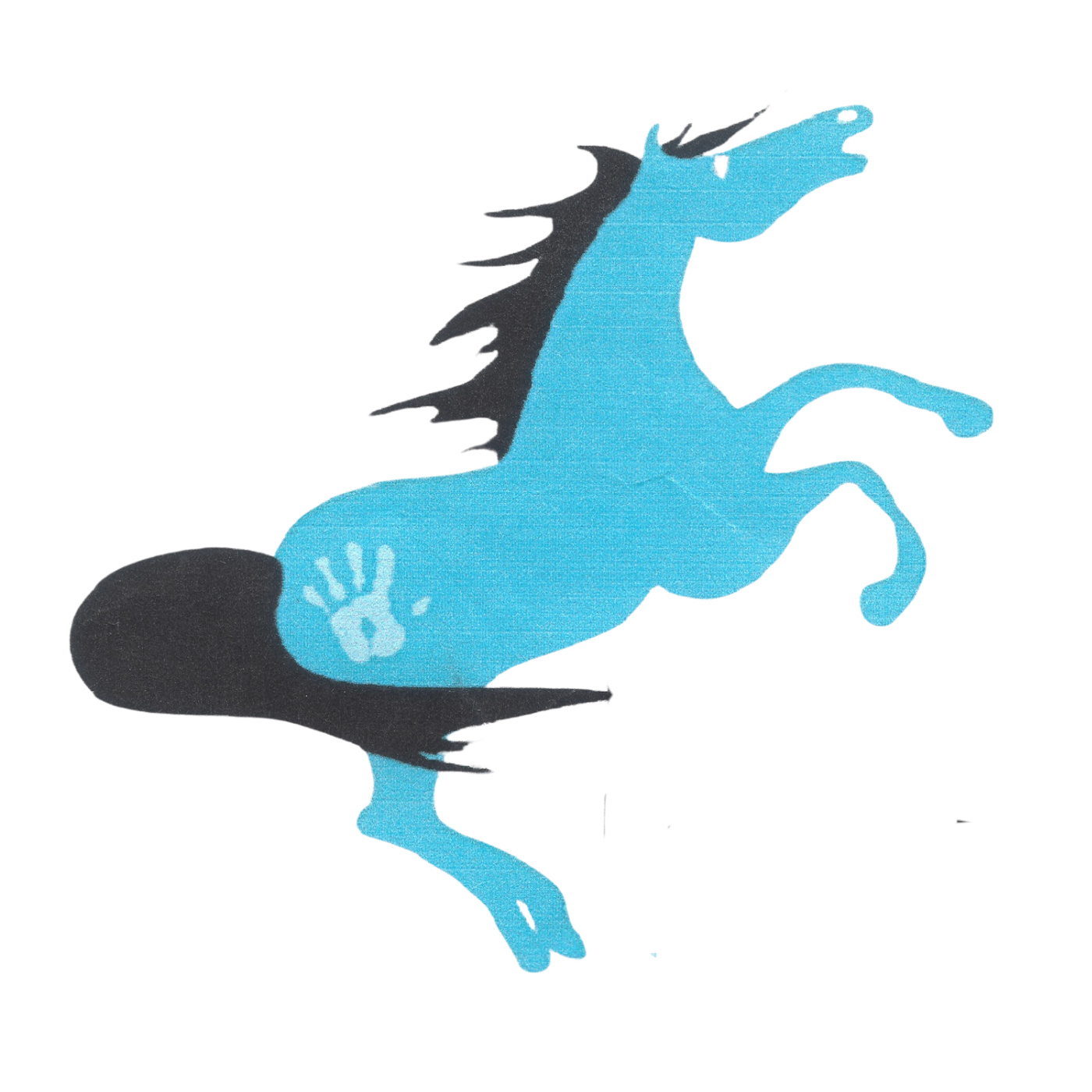 Blue horse with black mane, rearing up, with a white handprint on its side.