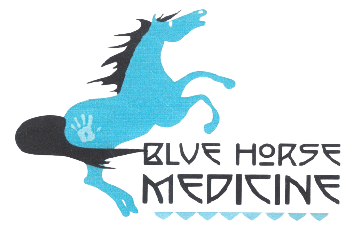 Logo of a blue horse with black mane and tail, standing on its hind legs, with a light blue handprint on its side and the words "GIVE HORSE MEDICINE" below.
