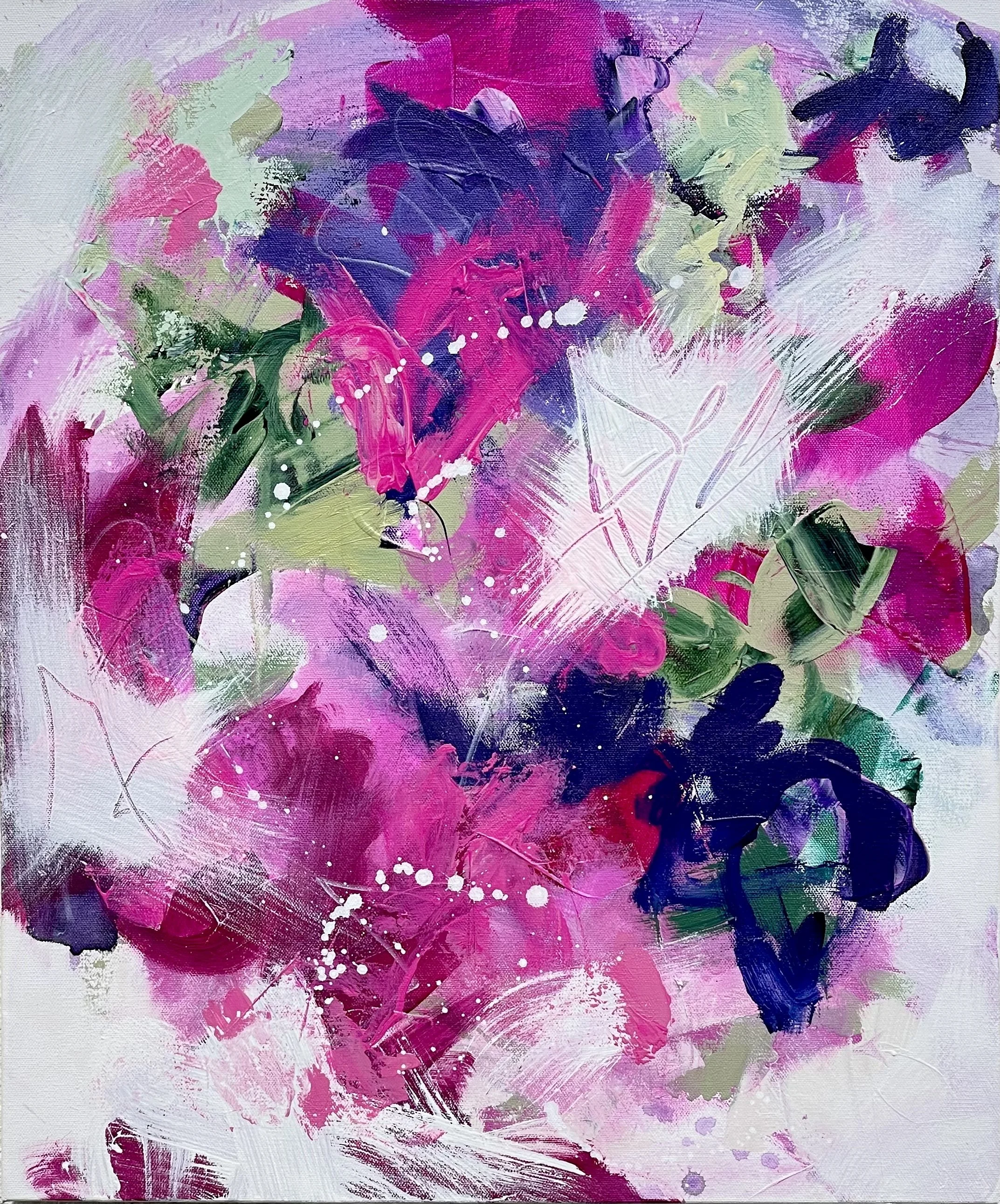 Abstract floral painting with pink, purple, green, white, and black brush strokes and splatters.