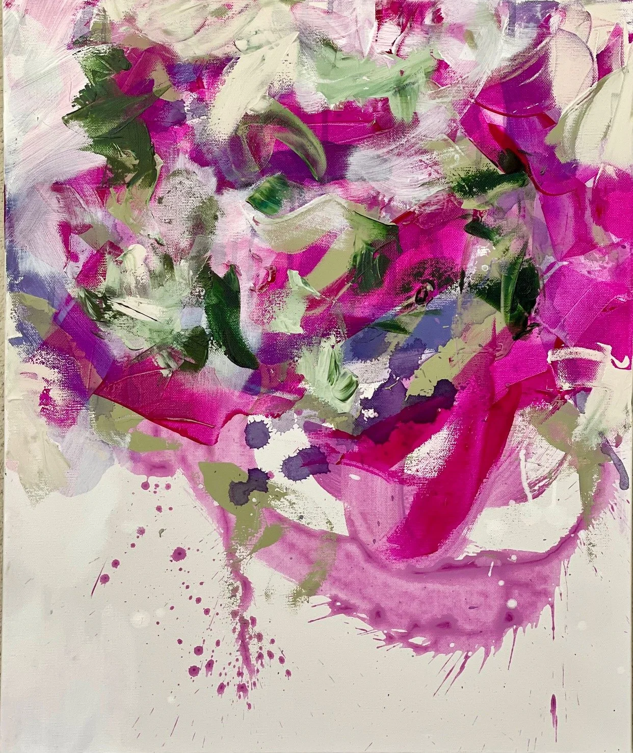 Abstract floral painting with pink, purple, white, green, and black brushstrokes on a white background.