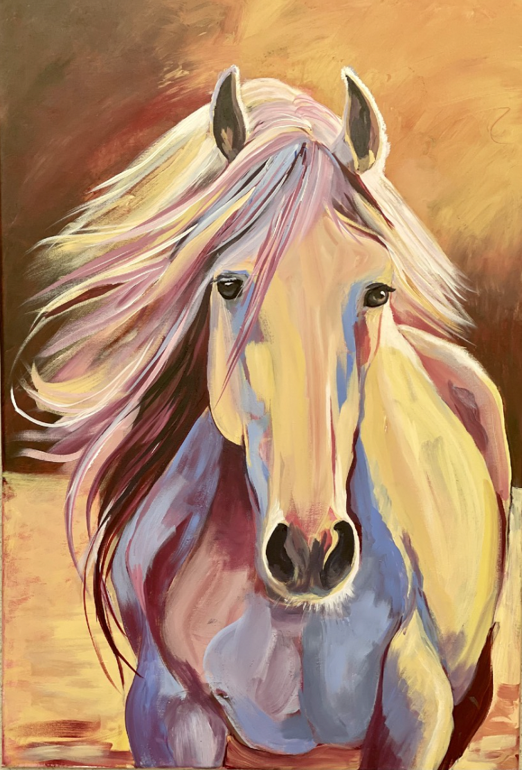 An abstract painting of a horse's head with flowing mane, using warm colors like yellow, pink, and brown, with some blue accents.