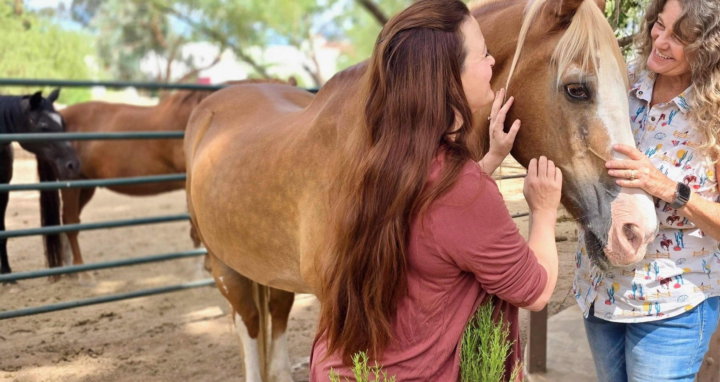 Two women gently pet and kiss a light brown horse with a white face mark, while another dark brown horse stands behind a fence in the background at a farm or ranch.