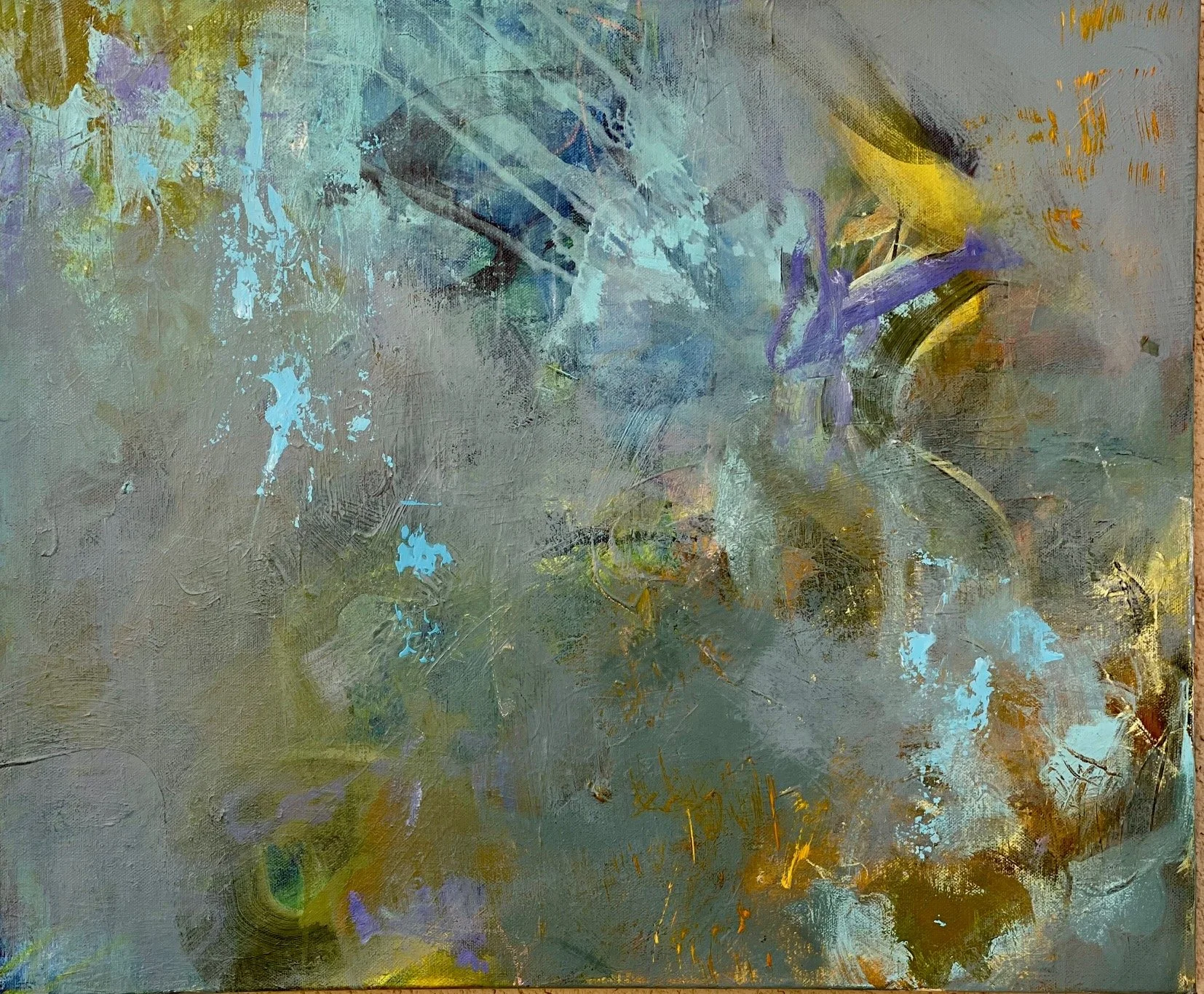 Abstract painting with a mix of blue, yellow, purple, and green colors, with textured brushstrokes and no identifiable objects.