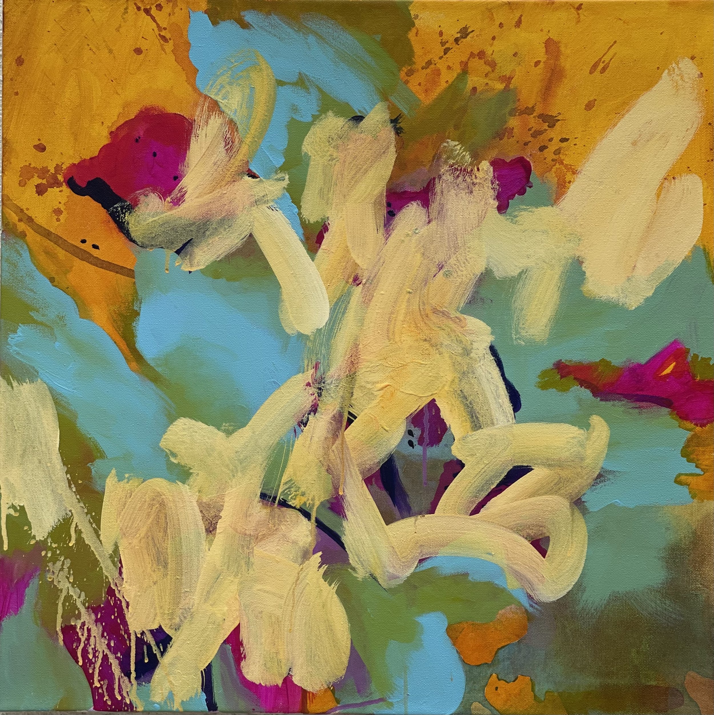 Abstract painting with bold brushstrokes in yellow, pink, blue, purple, and green.