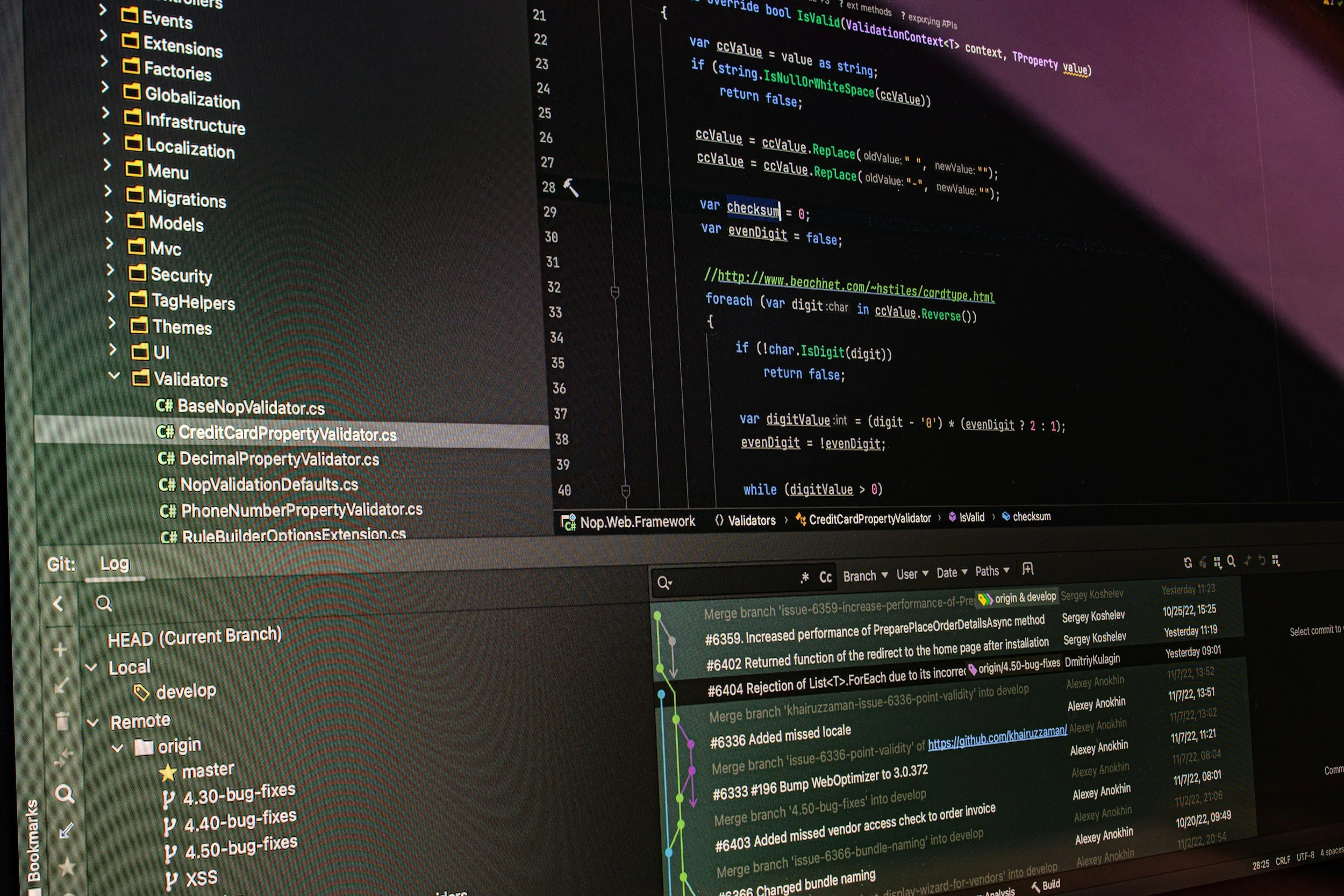 Computer screen displaying code editor with a list of project folders on the left and code on the right, along with a Git log panel at the bottom showing recent commits and branch history.