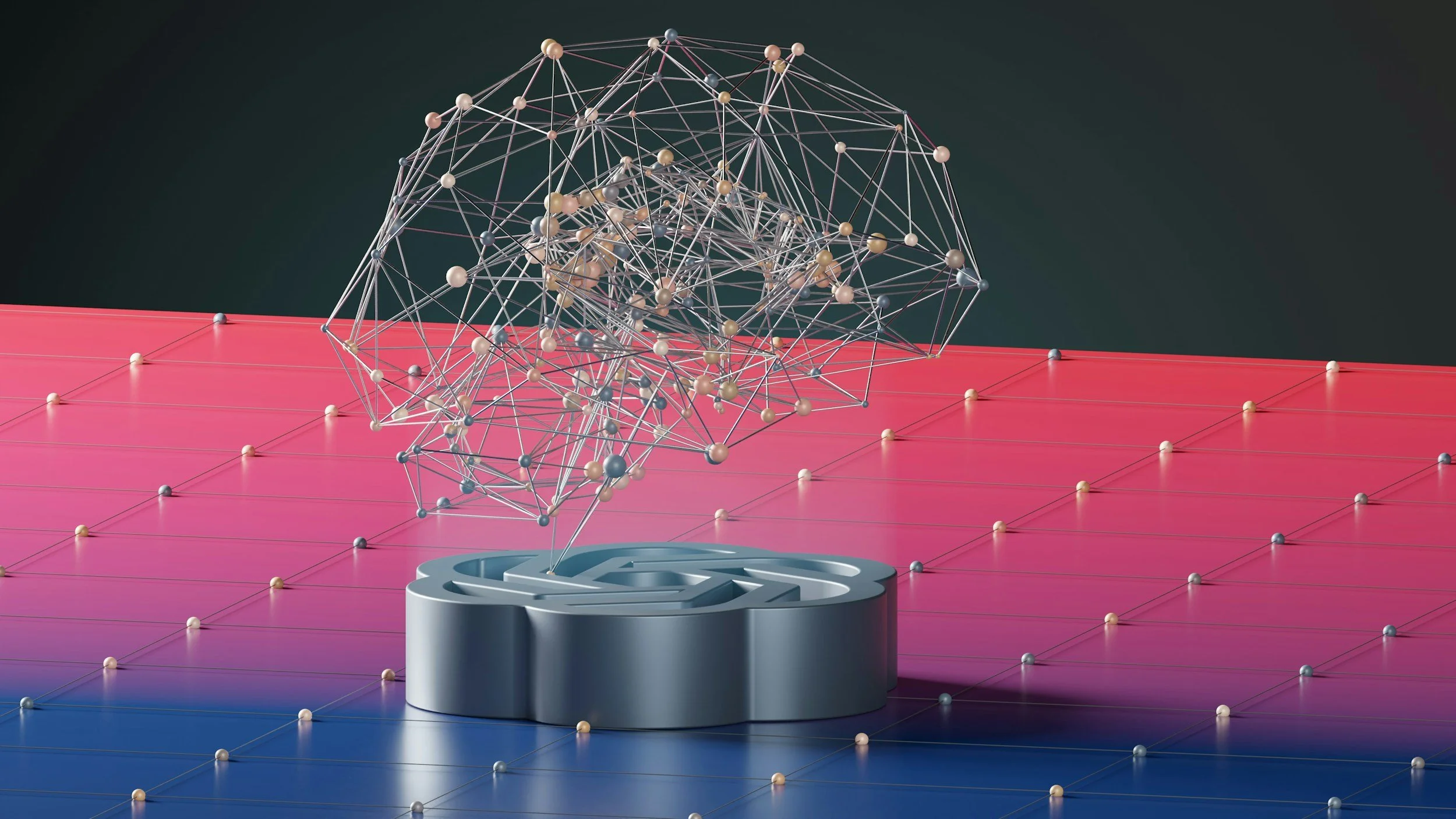 A metallic maze with a complex wireframe brain sculpture above it, on a pink and blue grid surface.