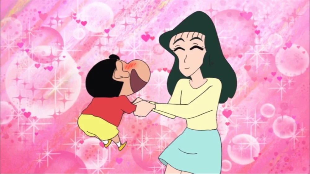 Cartoon of a woman holding hands and dancing with a young girl against a pink background with sparkles and hearts.