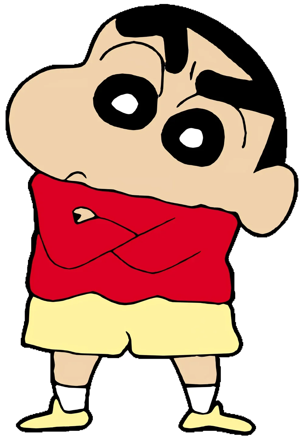 A cartoon character with large eyes, wearing a red shirt, yellow shorts, striped socks, and yellow shoes, standing with arms crossed.