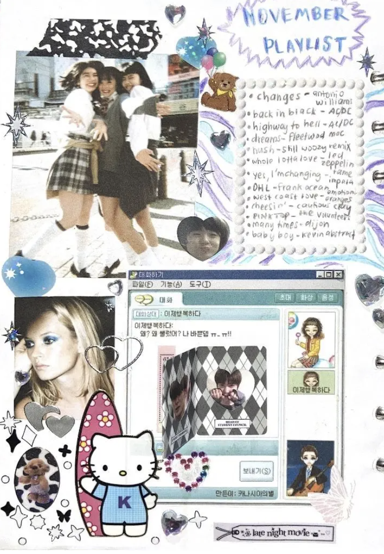 A collage of photos and drawings featuring two young women, a group chat screenshot, and various decorative stickers and doodles. The main photo shows three smiling women dressed in casual outfits, standing outdoors with a city backdrop. The collage 