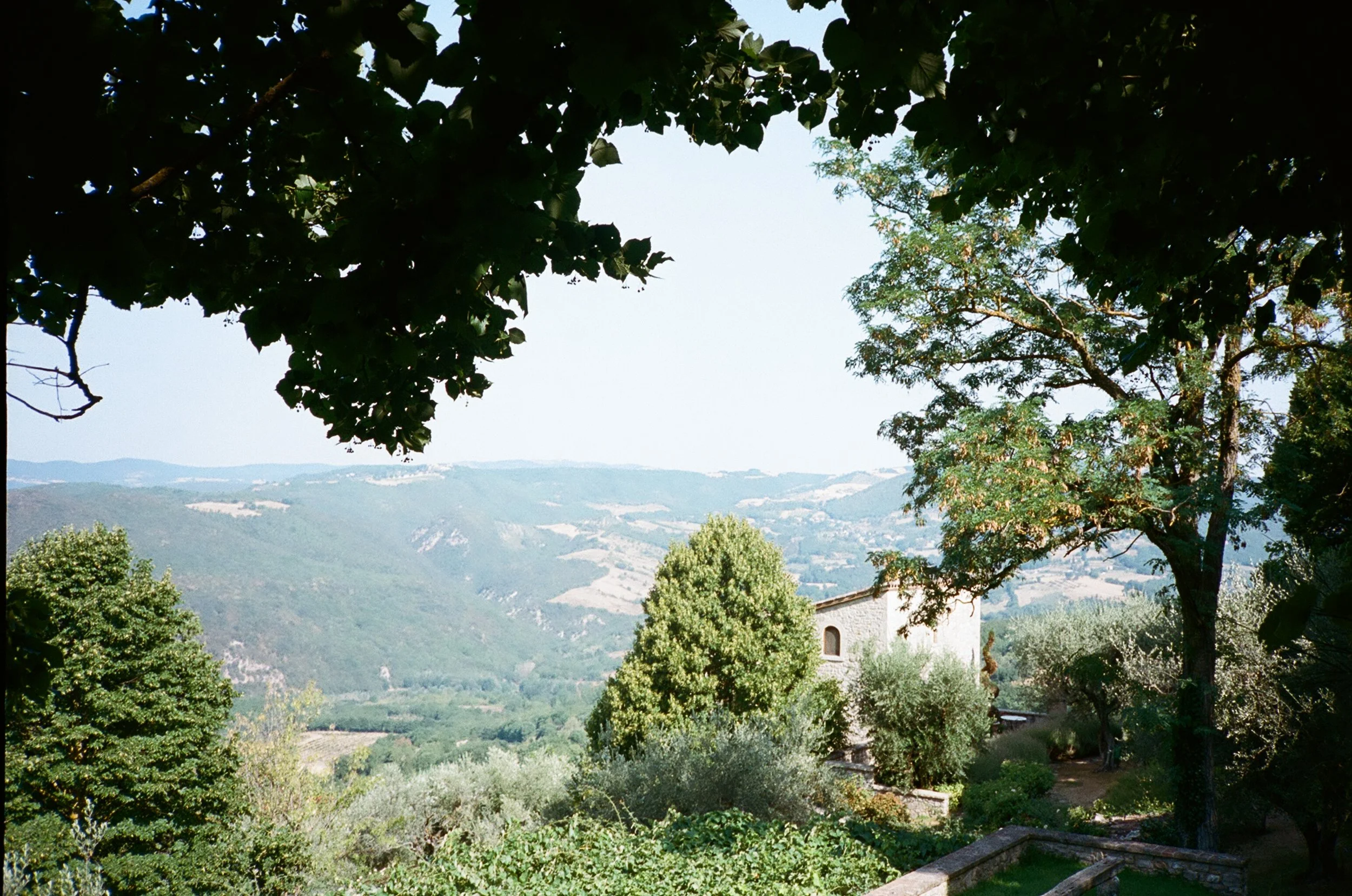 Landscape view of a hillside garden with various trees, shrubs, and a small building in the background, overlooking distant hills and valleys.