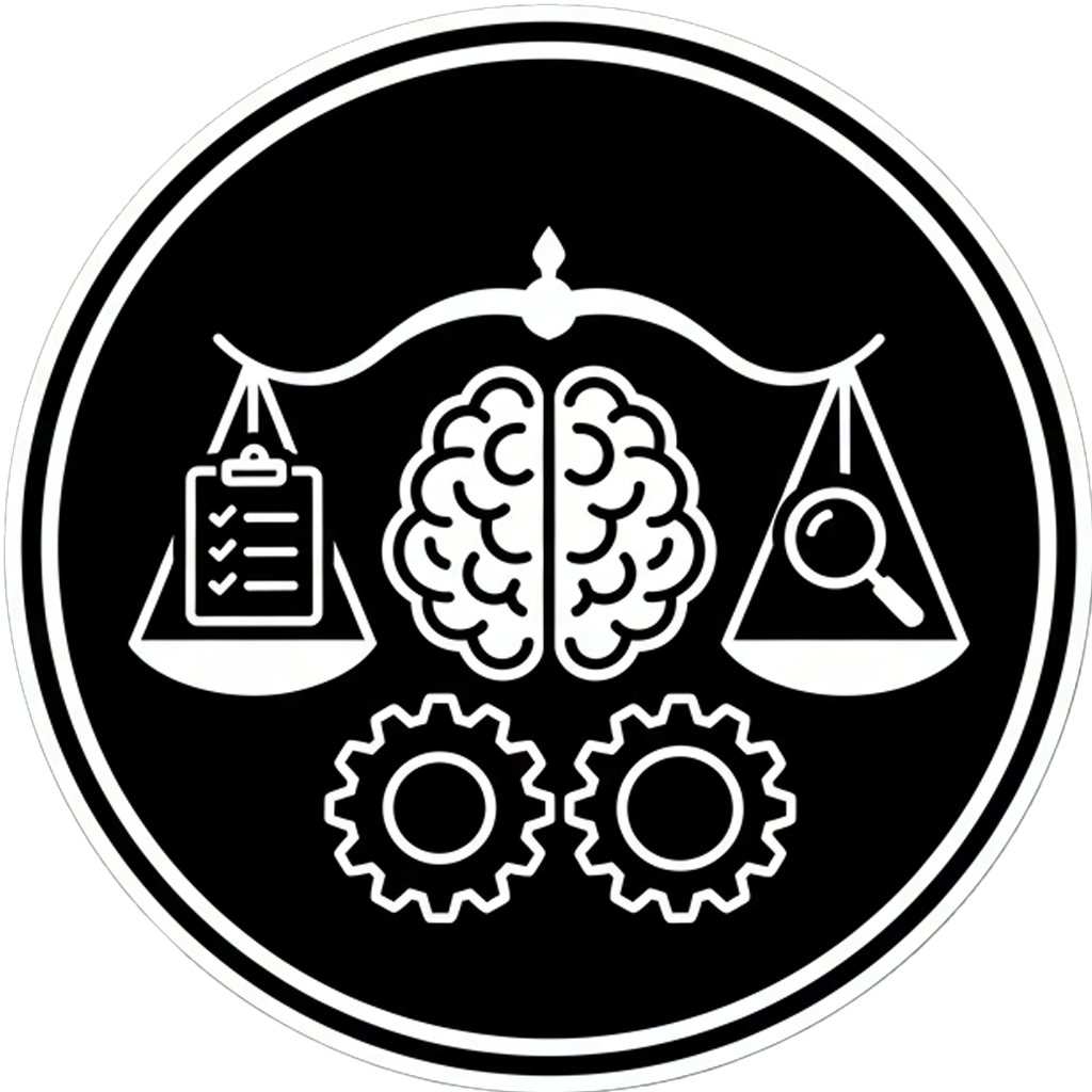 A circular emblem with a brain at the center, scales on each side with a checklist on the left and a magnifying glass on the right, and two gears below.