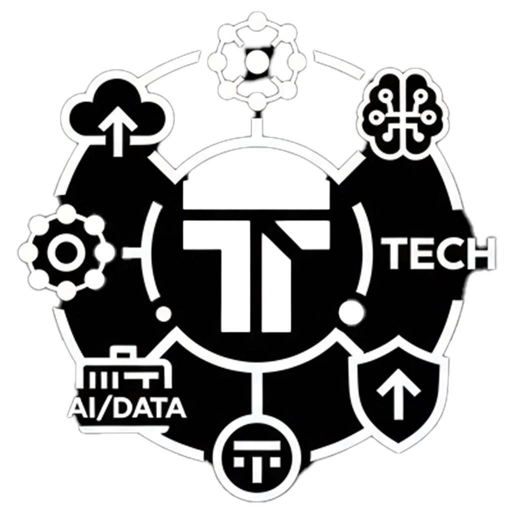 Icon graphic representing artificial intelligence and data technology with a central 'T' surrounded by symbols for cloud upload, molecular structures, neural networks, AI/data, locks, and connectivity, on a black background.