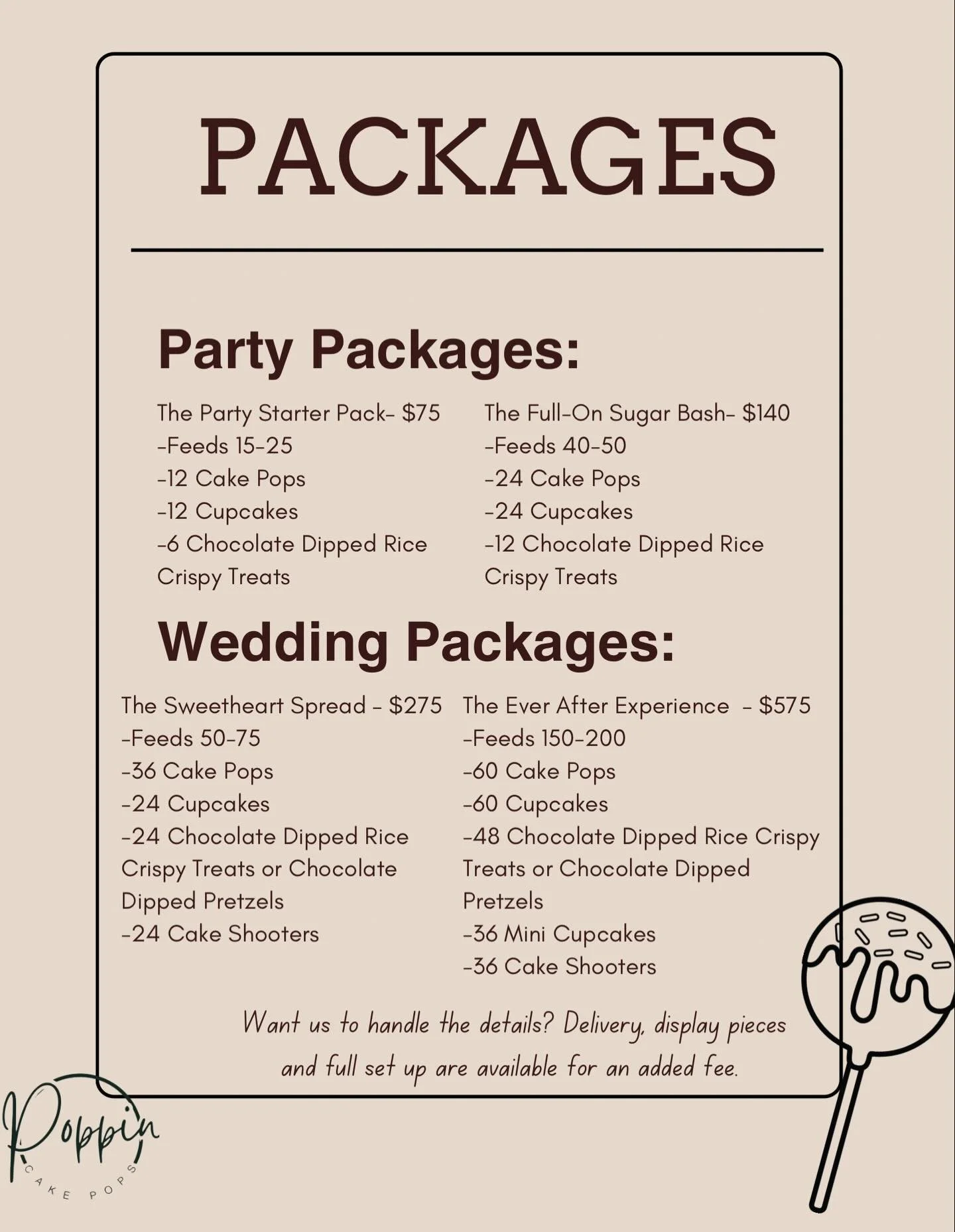 We&rsquo;ve made celebrating even sweeter 🎉✨

We&rsquo;re officially offering dessert packages for parties and weddings! Whether you&rsquo;re hosting a small birthday bash or planning your dream wedding, we have options that make it easy (and delici