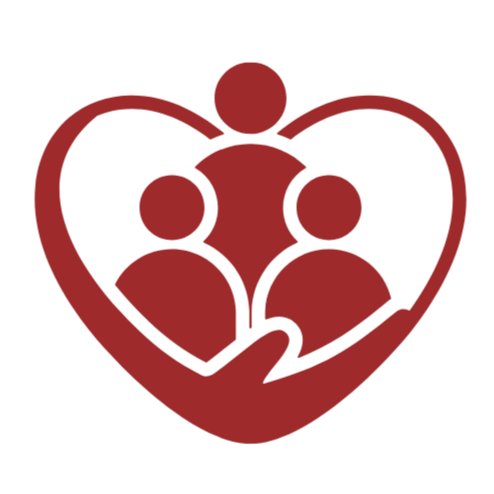 Red heart outline with a family of three inside, symbolizing love and support.