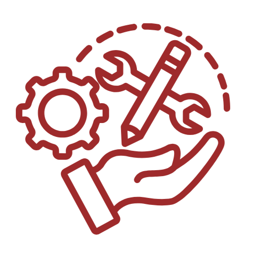 An illustration of a hand holding a pencil, with a gear and a wrench above, representing maintenance or technical support.