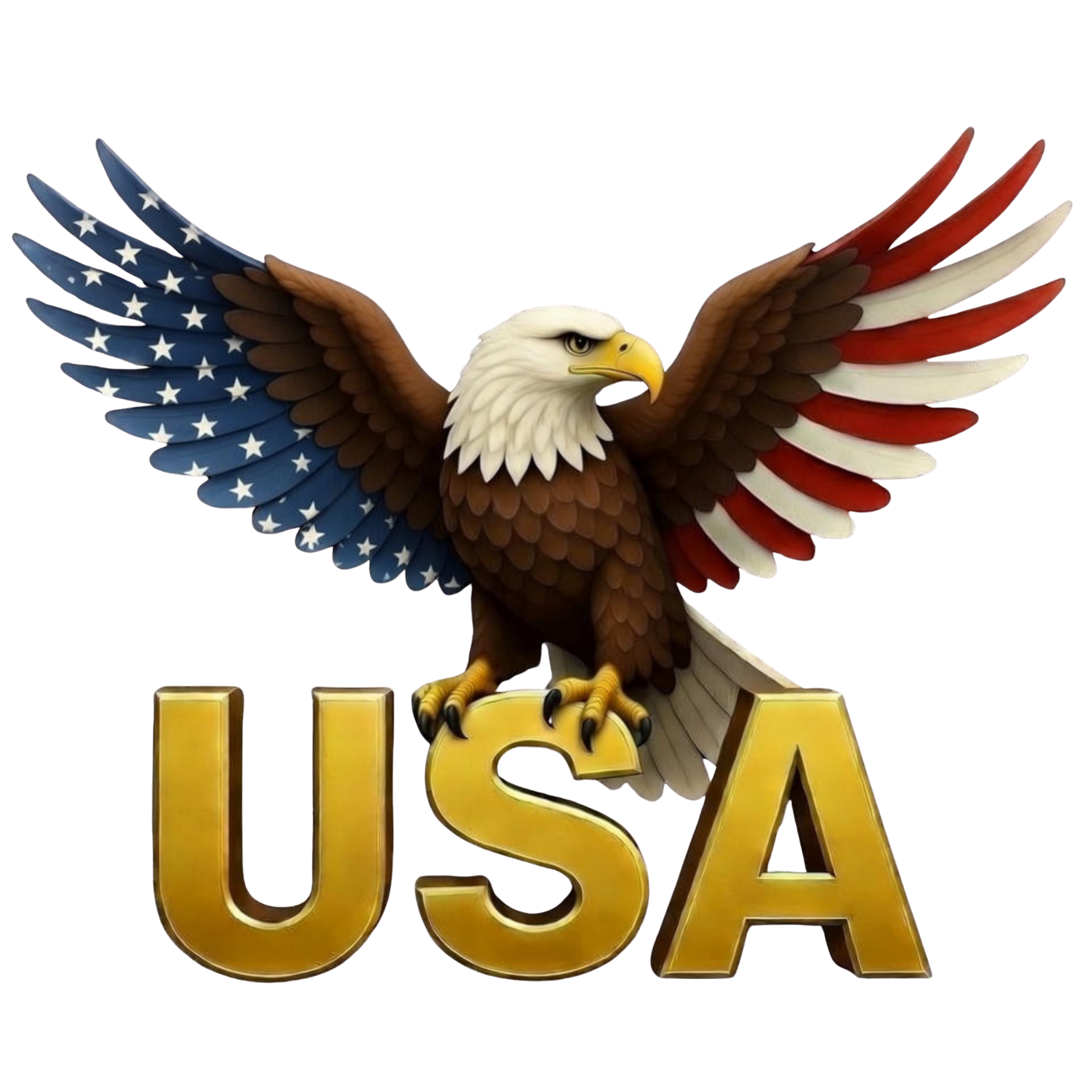 An illustration of a bald eagle with wings outstretched, incorporating the American flag pattern on the wings, perched on large gold letters spelling 'USA'.
