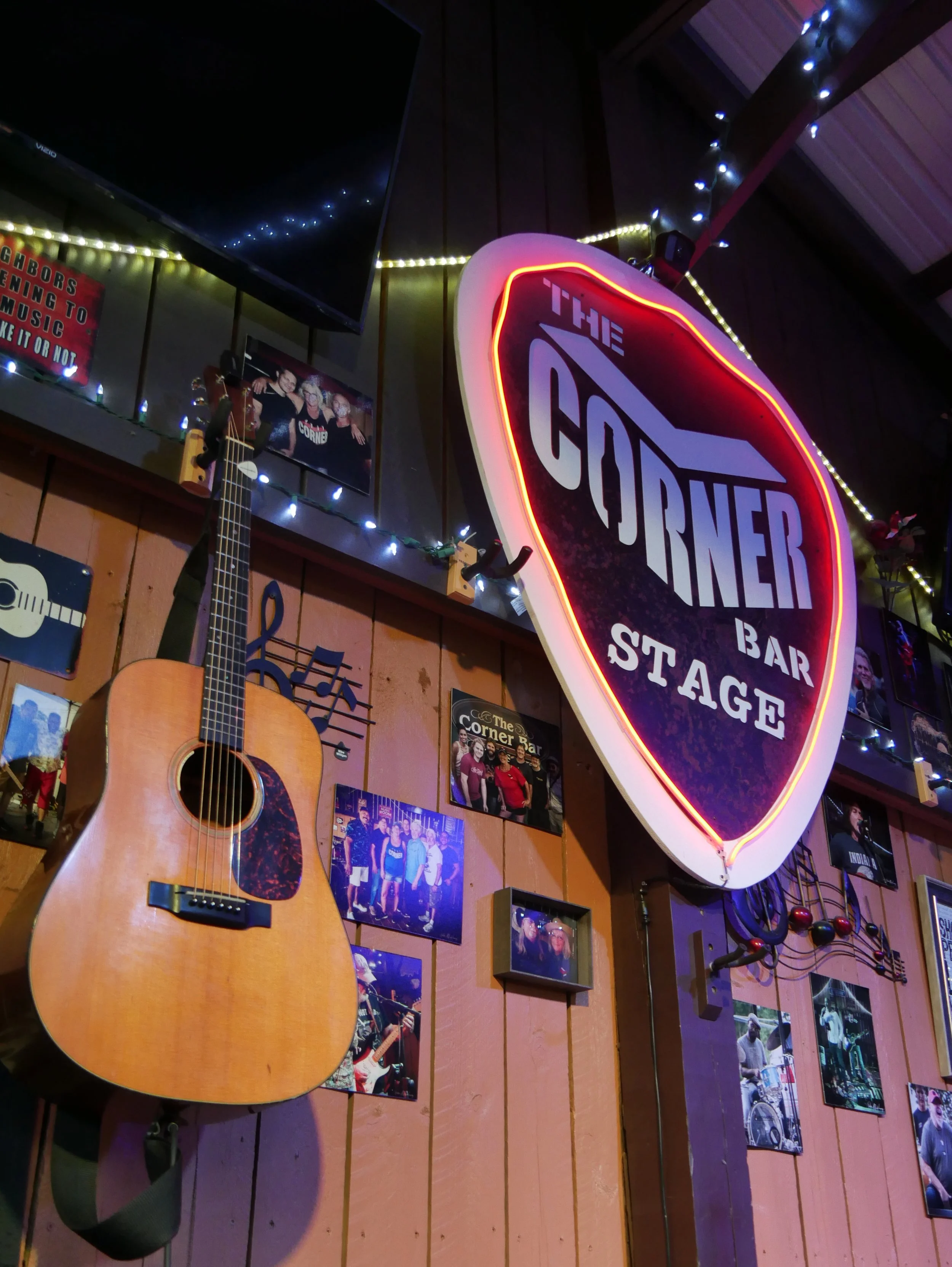 Doug Henthorn's acoustic guitar hanging out on break at The Corner Bar in Indianapolis.