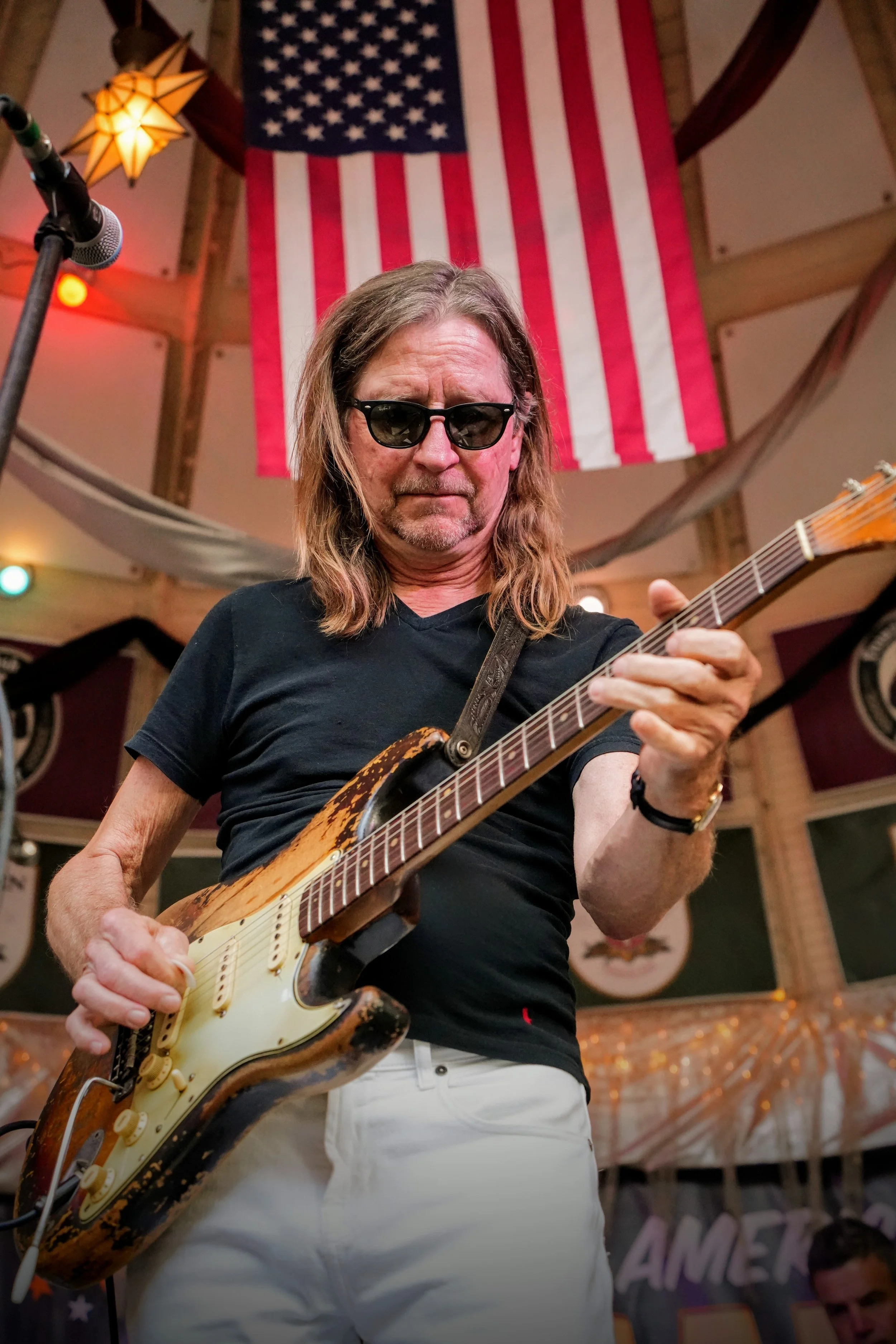Gordon Bonham Jr performing on a Fender Stratocaster live from The Rathskellar Biergarten as part of the annual Stevie Ray Vaughn (SRV) tribute show.
