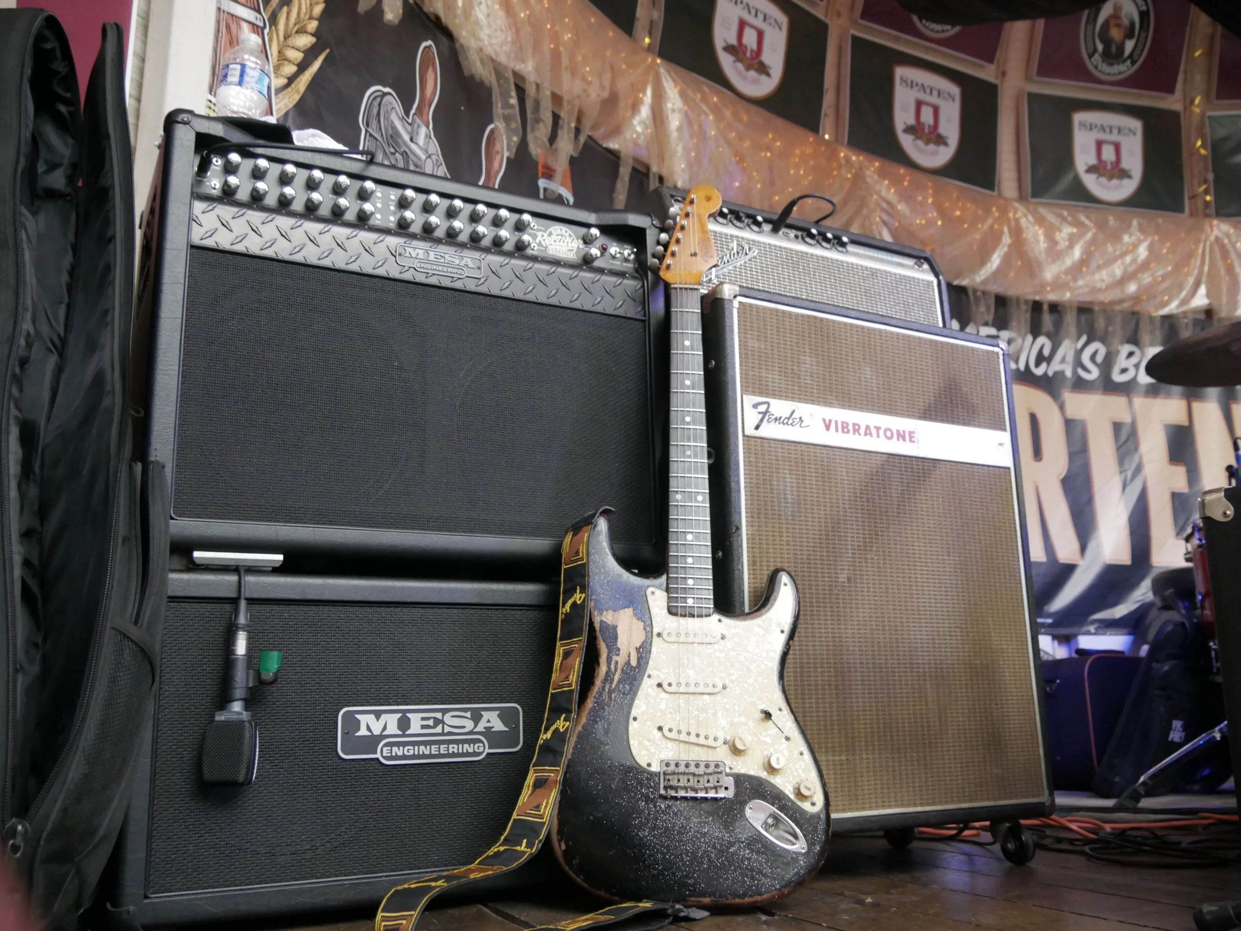 Benito DiBartoli's guitar rig to include a Fender Stratocaster, Mesa Boogie Amplifier, and Fender Vibratone Amplifier captured live from The Rathskellar Biergarten as part of the annual Stevie Ray Vaughn (SRV) tribute show.
