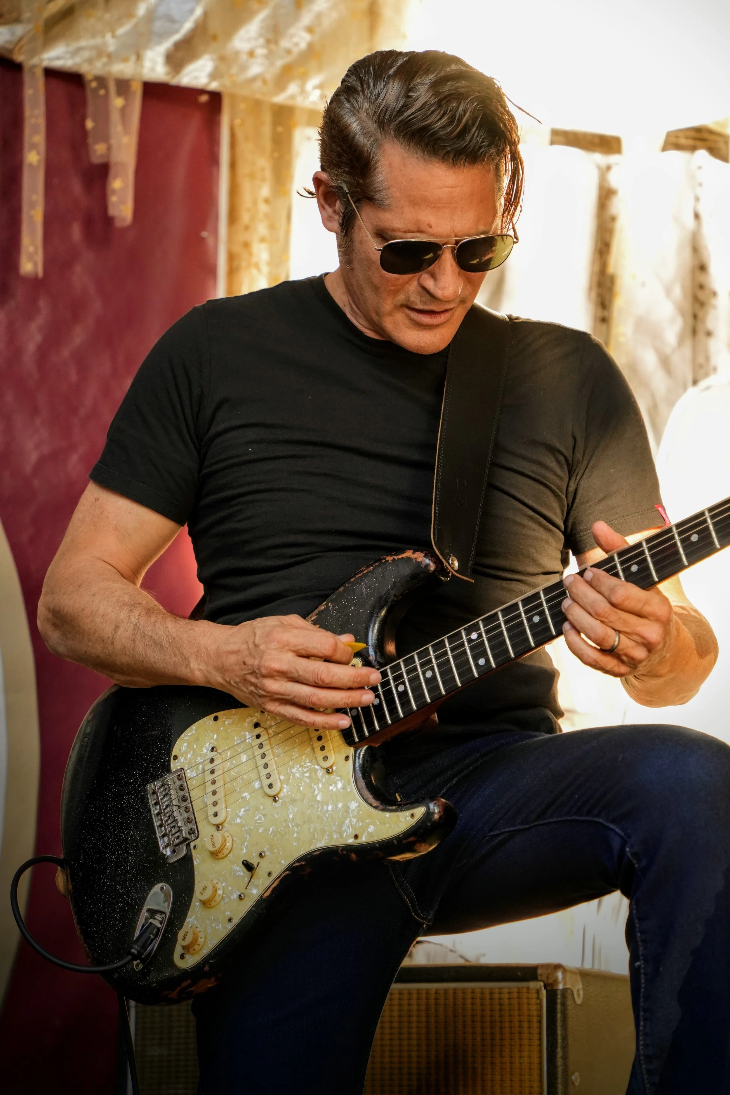 Benito DiBartoli performing on a Fender Stratocaster live from The Rathskellar Biergarten as part of the annual Stevie Ray Vaughn (SRV) tribute show.