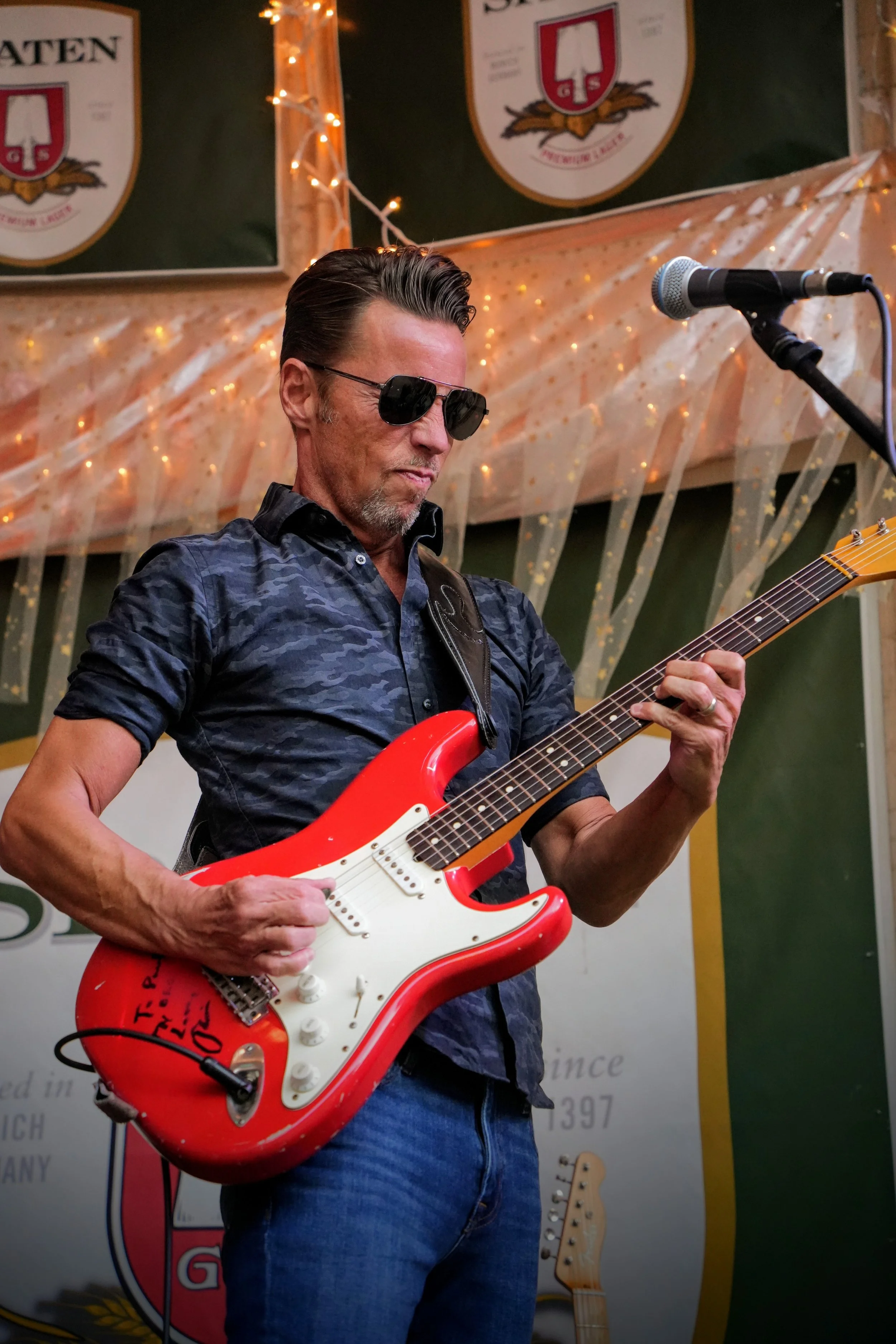 Paul Holdman performing on a Fender Stratocaster live from The Rathskellar Biergarten as part of the annual Stevie Ray Vaughn (SRV) tribute show.