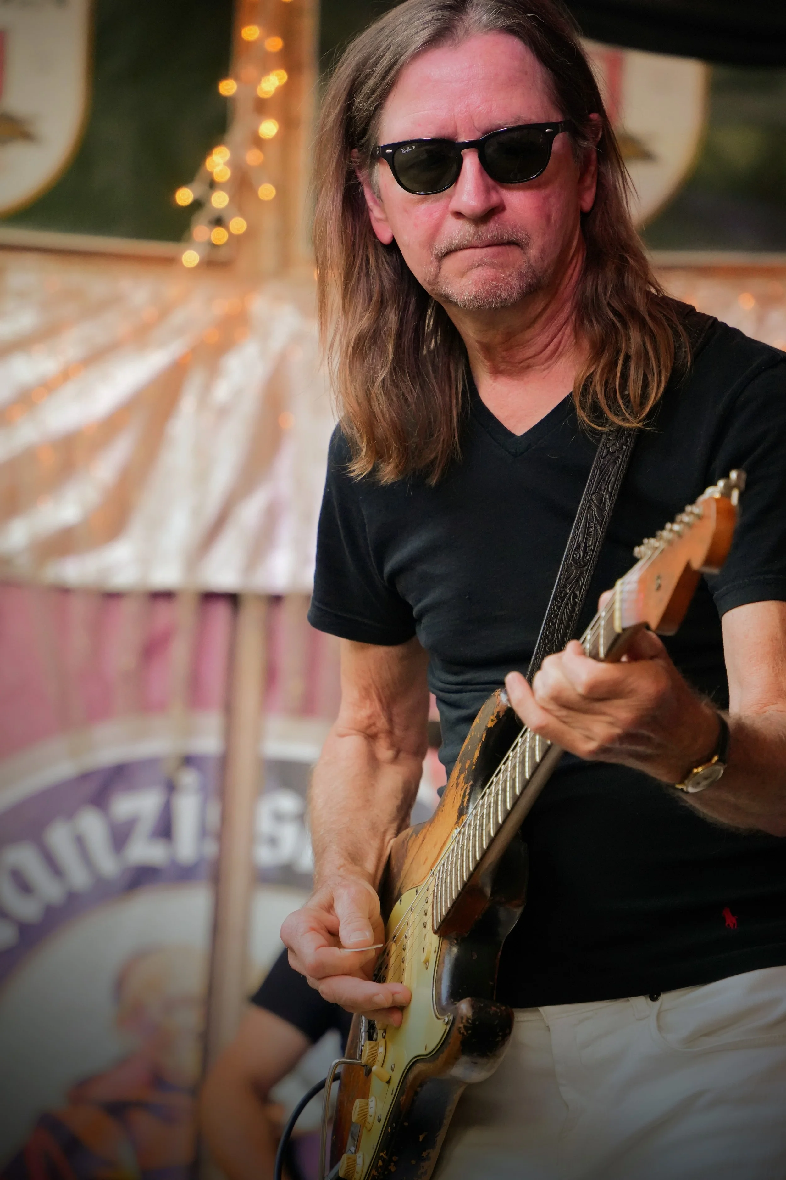 Gordon Bonham Jr performing on a Fender Stratocaster live from The Rathskellar Biergarten as part of the annual Stevie Ray Vaughn (SRV) tribute show.