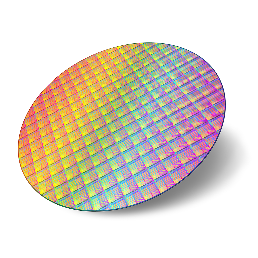 Close-up view of a colorful microchip or semiconductor processor, showing intricate circuitry patterns.