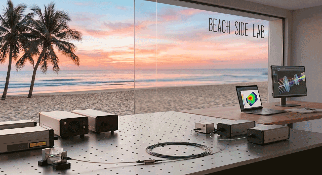 A research laboratory called 'Beach Side Lab' overlooking a beach and ocean at sunset, with electronic equipment, computers, and scientific instruments on a workbench