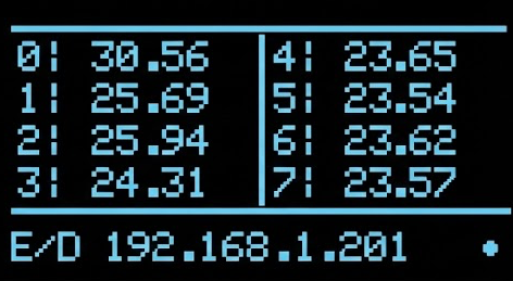 Onboard OLED display for a temperature logger displaying 8 channels simultaneously and information about network connectivity.