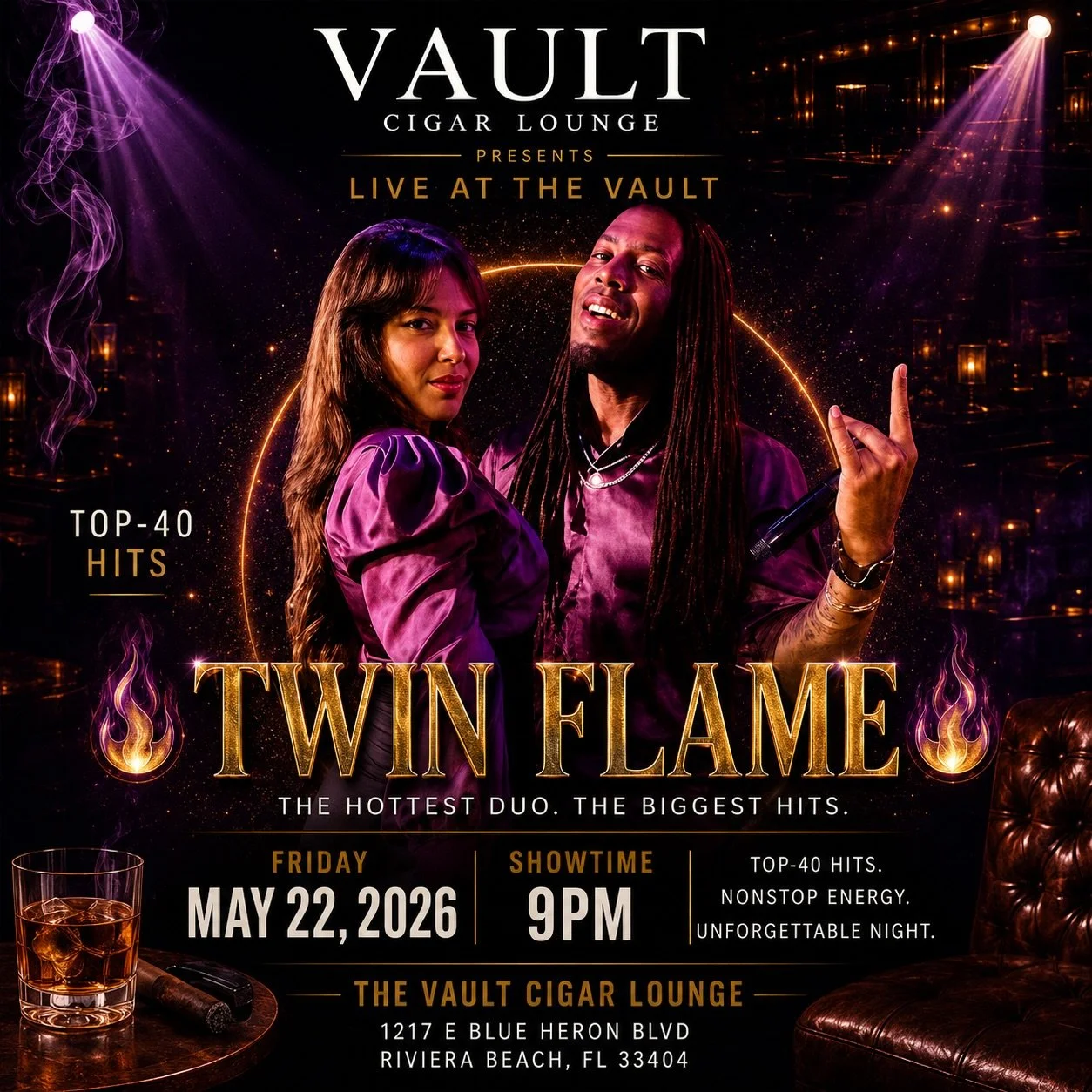 The night shifts when the music starts. Join us at The Vault Cigar Lounge for an elevated evening of premium cigars, handcrafted drinks, and live entertainment by Twin Flame.

Top-40 hits. High energy. The atmosphere you come back for.

📍 Friday, Ma