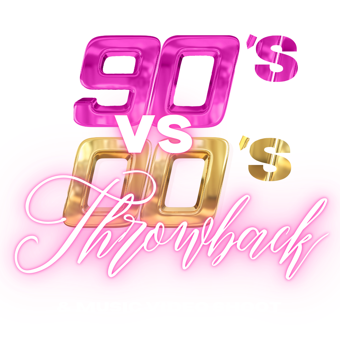Pink and gold 90's versus 2000's throwback party with neon and script fonts