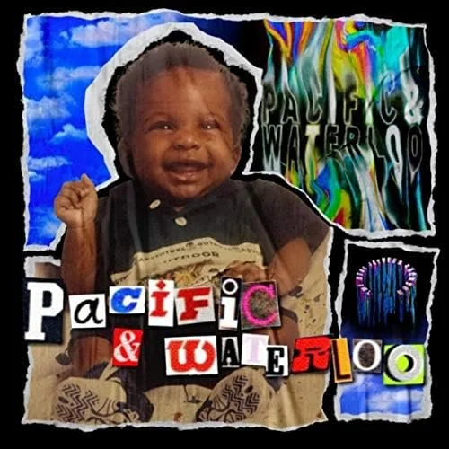 Collage of a smiling baby with dark skin, wearing a dark shirt, surrounded by colorful backgrounds and text reading "Pacific Water 109" and other letters.